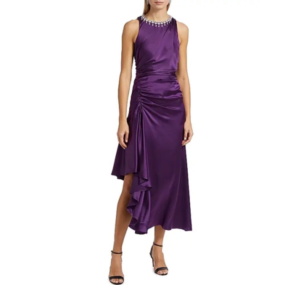 CINQ À SEPT 'Georgie' Jeweled Neckline Silk Midi-Dress, Elderberry